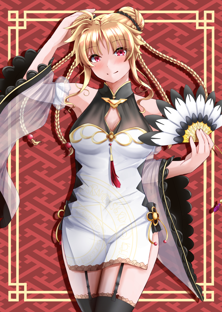 1girl bardiche_(nanoha) bardiche_(standby_form)_(nanoha) blonde_hair braid breasts china_dress chinese_clothes cleavage_cutout clothing_cutout covered_groin detached_sleeves double_bun dress fate_testarossa feather_fan hair_bun hand_fan hand_on_own_head holding holding_fan lyrical_nanoha lyrical_store mahou_shoujo_lyrical_nanoha_strikers medium_breasts multiple_braids official_alternate_costume official_alternate_hairstyle quad_braids red_eyes see-through_clothes see-through_sleeves solo sougetsu_izuki thighhighs