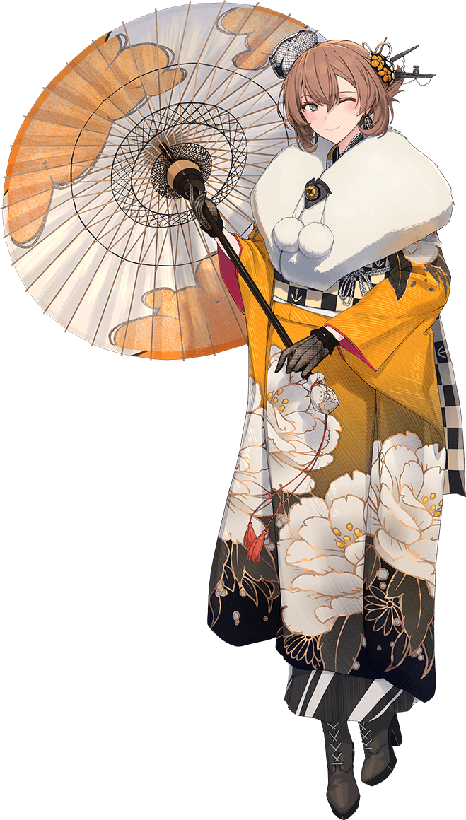 1girl black_boots boots brown_hair floral_print full_body gloves green_eyes hair_ornament headgear japanese_clothes kantai_collection kimono looking_at_viewer mutsu_(kancolle) mutsu_(new_year)_(kancolle) new_year official_art one_eye_closed orange_kimono shizuma_yoshinori short_hair smile solo transparent_background umbrella