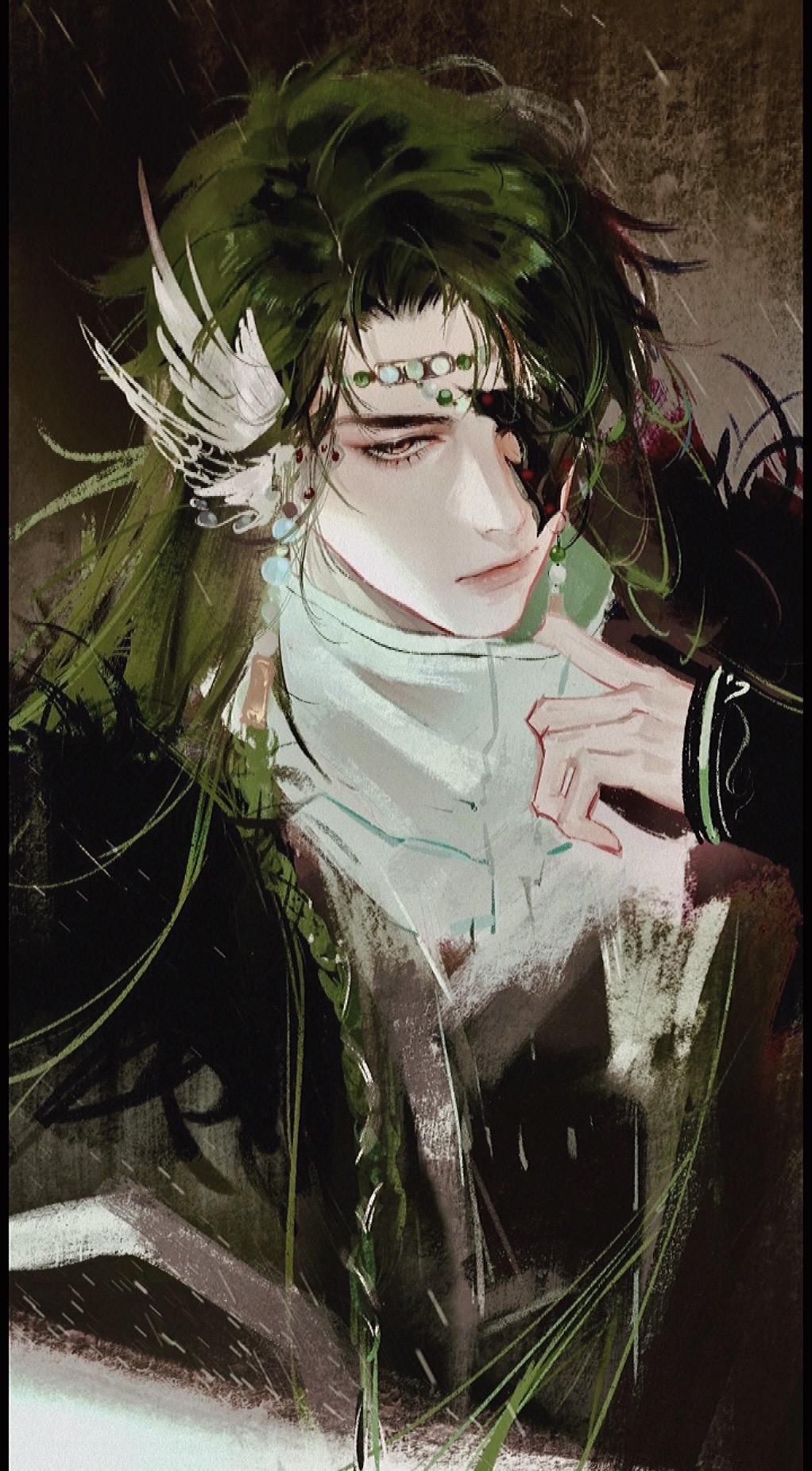 1boy armor asymmetrical_bangs bead_band beads black_sleeves closed_mouth cropped_torso earrings eyepatch green_hair hair_ornament headband highres jewelry jinguang_budaixi long_sleeves looking_at_viewer lushi_moluo male_focus one_eye_covered orange_eyes parted_bangs pauldrons pouletrizfleur shirt shoulder_armor solo upper_body white_shirt