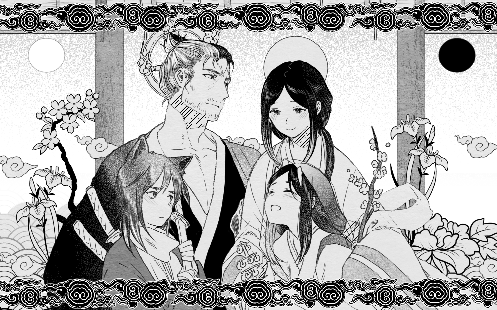 2boys 2girls animal_ears black_hair blush brother_and_sister couple divine_child_of_rejuvenation family father_and_daughter father_and_son flower greyscale hetero if_they_mated japanese_clothes long_hair monochrome monochrome mother_and_daughter mother_and_son multiple_boys multiple_girls ninja open_mouth sekiro sekiro:_shadows_die_twice siblings smile sword weapon wide_sleeves