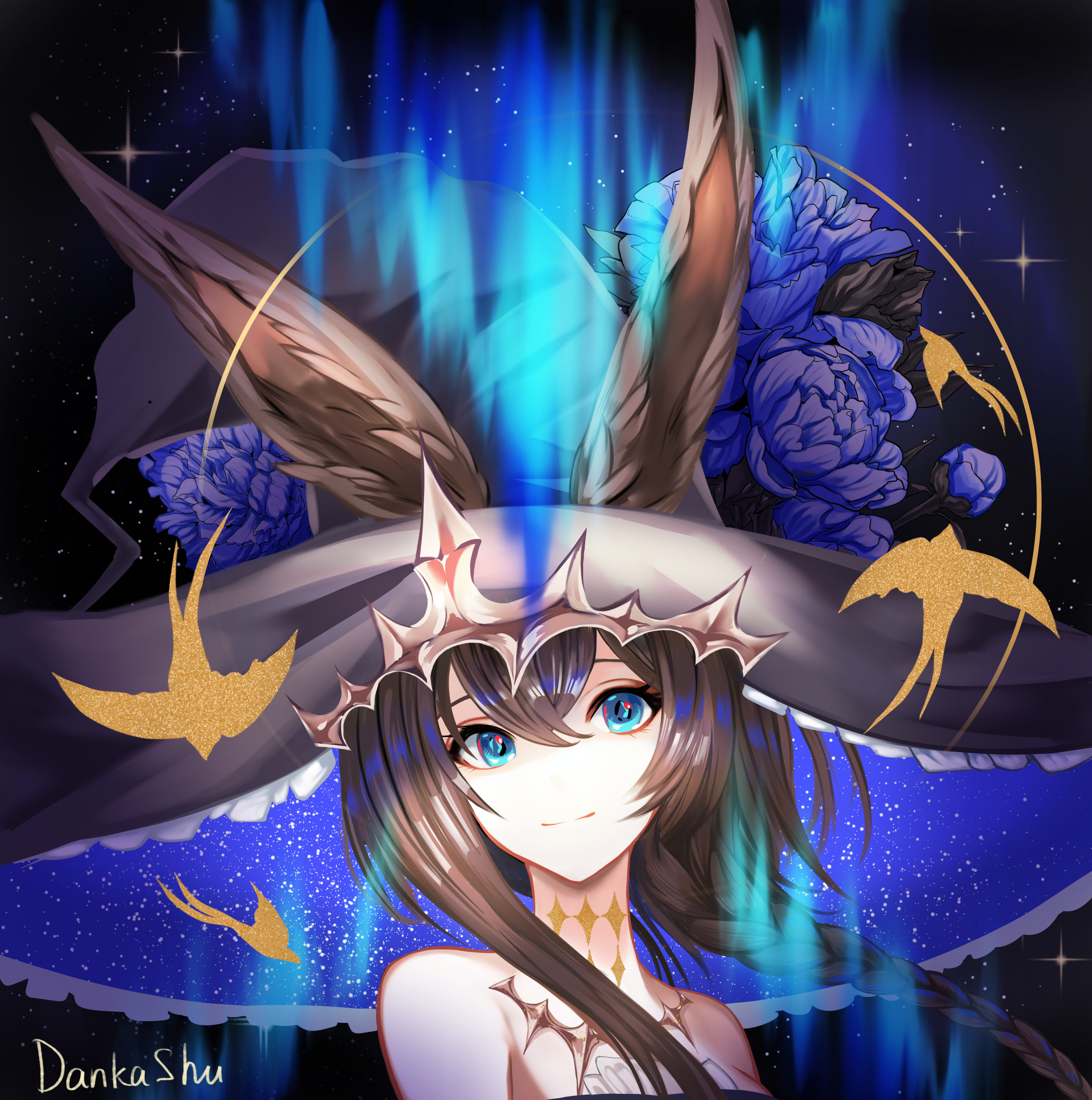 1girl absurdres ambience_synesthesia amiya_(arknights) amiya_(medic)_(arknights) amiya_(medic)_(solo_around_the_world)_(arknights) animal_ears arknights artist_name aurora bare_shoulders black_hat blue_hat braid brown_hair closed_mouth dankashu ears_through_headwear flower frilled_hat frills hair_between_eyes hat highres long_hair looking_at_viewer no_nose official_alternate_costume portrait purple_flower smile solo sparkle split_mouth star_(sky) two-sided_fabric two-sided_headwear witch_hat