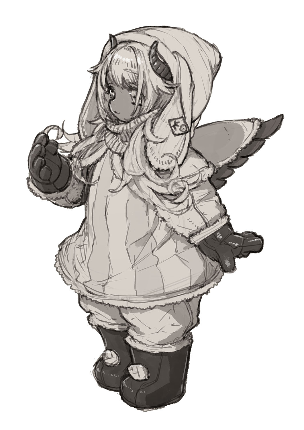 1girl :3 alternate_costume amaryllis_gumi boots capelet closed_mouth clothing_request coat dark-skinned_female dark_skin feral_lemma full_body fur-trimmed_boots fur-trimmed_capelet fur_trim gloves greyscale hair_over_shoulder hand_up hat headwear_request heterochromia highres horizontal_pupils horns knee_boots long_hair long_sleeves looking_ahead monochrome pants scarf simple_background smile solo standing striped_coat virtual_youtuber wings winter_clothes yotsutsuji_mayoi