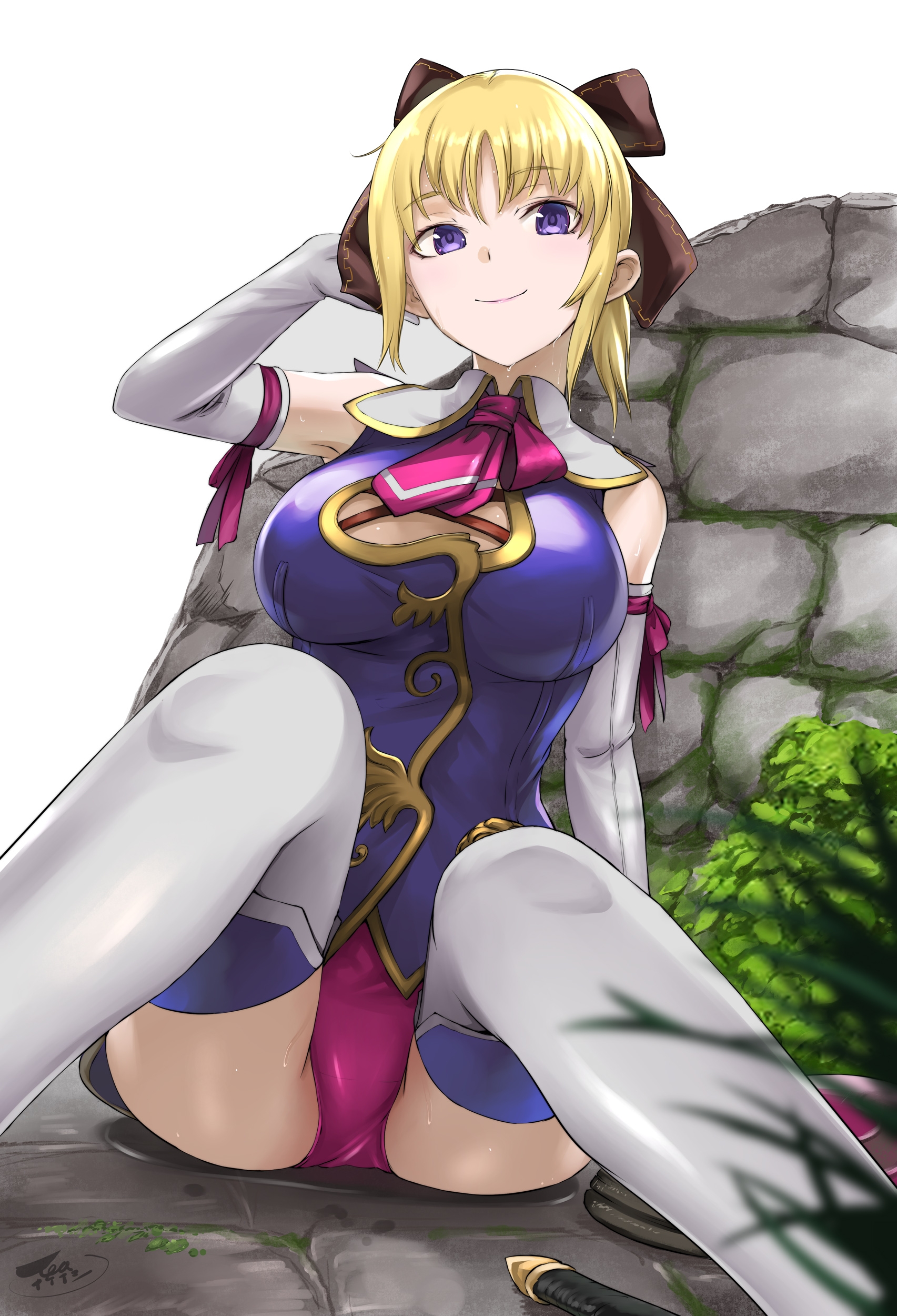 1girl absurdres arm_behind_head arm_ribbon black_ribbon blonde_hair breasts brick_wall bush cassandra_alexandra closed_mouth elbow_gloves gloves green_eyes hair_ribbon highres large_breasts necktie panties pink_necktie purple_panties purple_ribbon ribbon short_hair sitting smile solo soul_calibur soulcalibur soulcalibur_iv tea_(nakenashi) thighhighs underwear white_gloves white_thighhighs