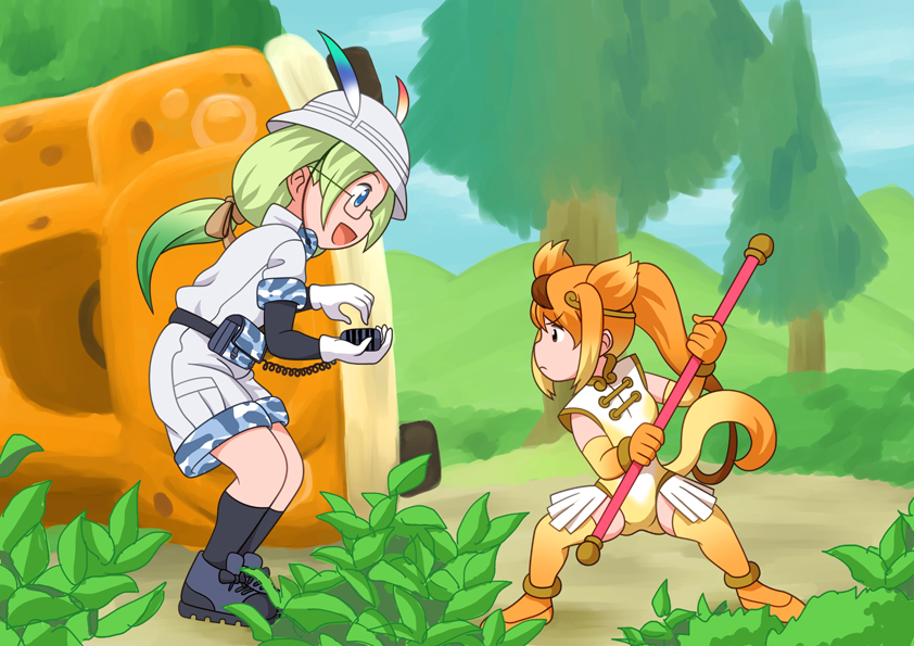 2girls :d animal_ears bagua_zhang belt belt_pouch blonde_hair blue_eyes brown_hair cable camouflage_trim chibi circlet closed_mouth day dragon_ball dragon_ball_(classic) elbow_gloves from_side full_body glasses gloves golden_snub-nosed_monkey_(kemono_friends) green_hair hat_feather height_difference helmet holding holding_weapon jacket japari_bus kemono_friends layered_sleeves leaning_forward legs_apart legs_together leotard light_green_hair long_hair long_sleeves looking_at_another looking_at_object mirai_(kemono_friends) monkey_ears monkey_girl monkey_tail multicolored_hair multiple_girls open_mouth orange_hair outdoors parody pith_helmet polearm pouch safari_jacket shoes short_over_long_sleeves short_sleeves shorts smile socks standing tail thighhighs two-tone_hair v-shaped_eyebrows weapon