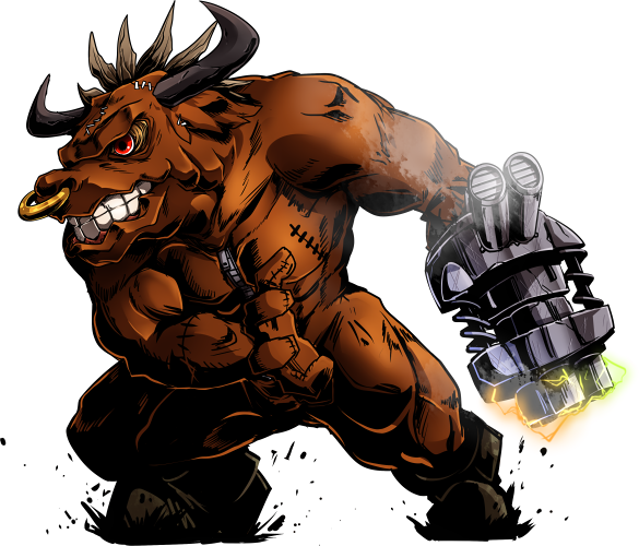 cannon digimon digimon_(creature) horns minotaurmon muscular muscular_male red_eyes solo