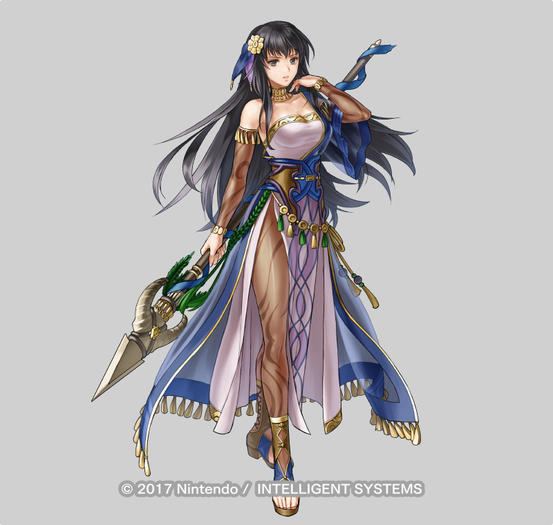bare_shoulders black_eyes black_hair breasts choker detached_sleeves fire_emblem fire_emblem:_the_blazing_blade fire_emblem_heroes full_body hair_ornament high_heels holding holding_polearm holding_weapon jewelry karla_(fire_emblem) karla_(hatari)_(fire_emblem) kita_senri large_breasts long_hair looking_at_viewer nintendo official_alternate_costume official_art pantyhose polearm solo toeless_footwear toeless_legwear weapon