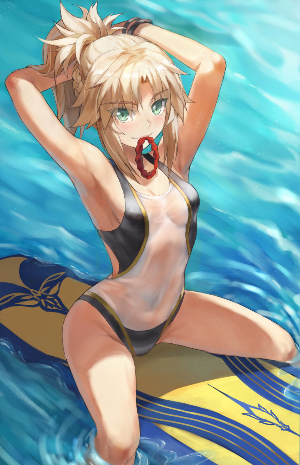 1girl armpits arms_behind_head arms_up bare_shoulders black_one-piece_swimsuit blonde_hair braid breasts collarbone covered_navel fate/apocrypha fate/grand_order fate_(series) female_focus green_eyes half_up_braid highleg highleg_one-piece_swimsuit highres long_hair looking_at_viewer mordred_(fate) mordred_(fate/apocrypha) mouth_hold one-piece_swimsuit parted_bangs ponytail prydwen_(fate) sidelocks sitting small_breasts smile solo surfboard swimsuit thighs tonee two-tone_swimsuit tying_hair water wet white_one-piece_swimsuit