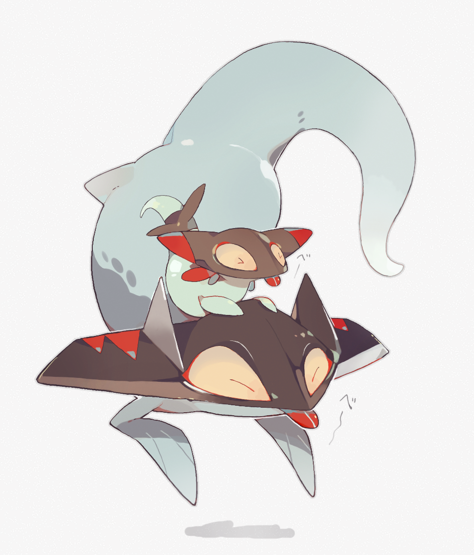 &gt;_&lt; ^_^ akadako animal_focus closed_eyes colored_sclera drakloak dreepy floating full_body gen_8_pokemon grey_background grey_outline imitating japanese_text nintendo no_humans on_head outline pokemon pokemon_(creature) pokemon_on_head simple_background tongue tongue_out translation_request yellow_sclera