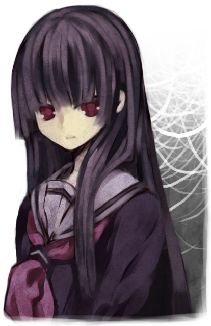 1girl black_hair black_serafuku blunt_bangs border closed_mouth enma_ai hime_cut jigoku_shoujo long_hair looking_at_viewer neckerchief noa_(kidoairaku) red_eyes red_neckerchief sailor_collar school_uniform serafuku solo upper_body white_border