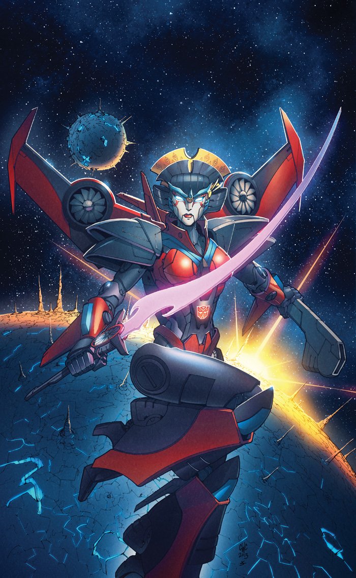 1girl armor autobot blue_eyes breasts casey_w._coller curvy energy_sword humanoid_robot lips looking_at_viewer medium_breasts official_art panties red_lips red_panties robot shoulder_armor space sword the_transformers_(idw) transformers underwear weapon windblade wings