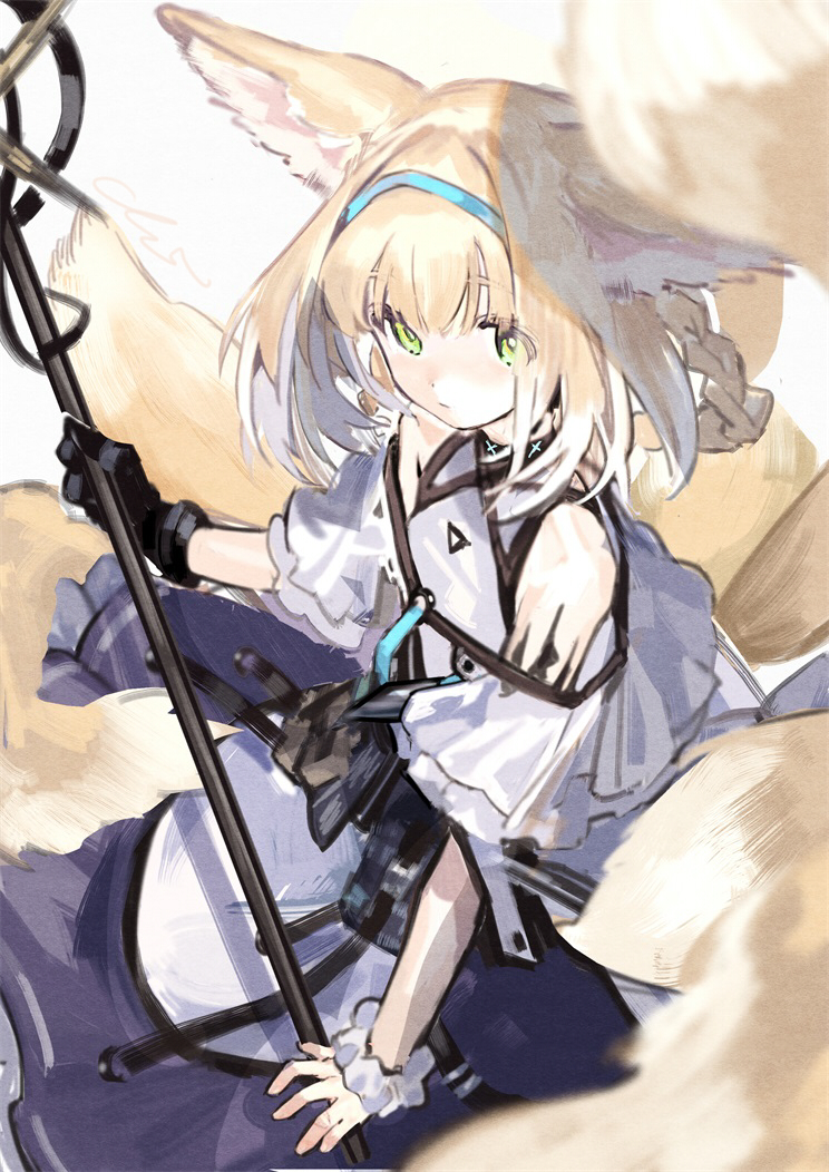 1girl animal_ears arknights bare_shoulders black_gloves blonde_hair blue_hairband braid closed_mouth colored_tips dress fox_ears fox_girl fox_tail gloves green_eyes hairband holding holding_staff infection_monitor_(arknights) kitsune kyuubi looking_at_viewer material_growth medium_hair multicolored_hair multiple_tails oripathy_lesion_(arknights) single_glove solo staff suzuran_(arknights) tail twin_braids two-tone_hair white_hair xiao_chichi