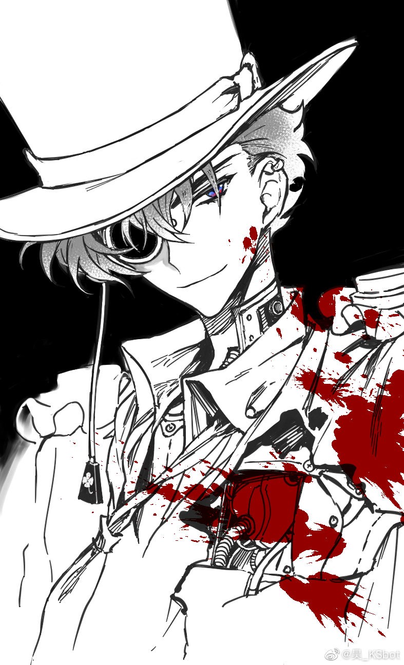 1boy black_background blood blood_on_clothes blood_on_face blood_splatter blue_eyes chinese_commentary closed_mouth collared_shirt earrings eyepatch flower gloves greyscale hair_between_eyes haoriday hat high_collar highres holding jacket jewelry kaitou_kid kuroba_kaito long_sleeves looking_at_viewer magic_kaito male_focus monochrome monocle necktie one_eye_covered ring rose shirt short_hair simple_background smile solo spot_color top_hat upper_body watermark weibo_watermark