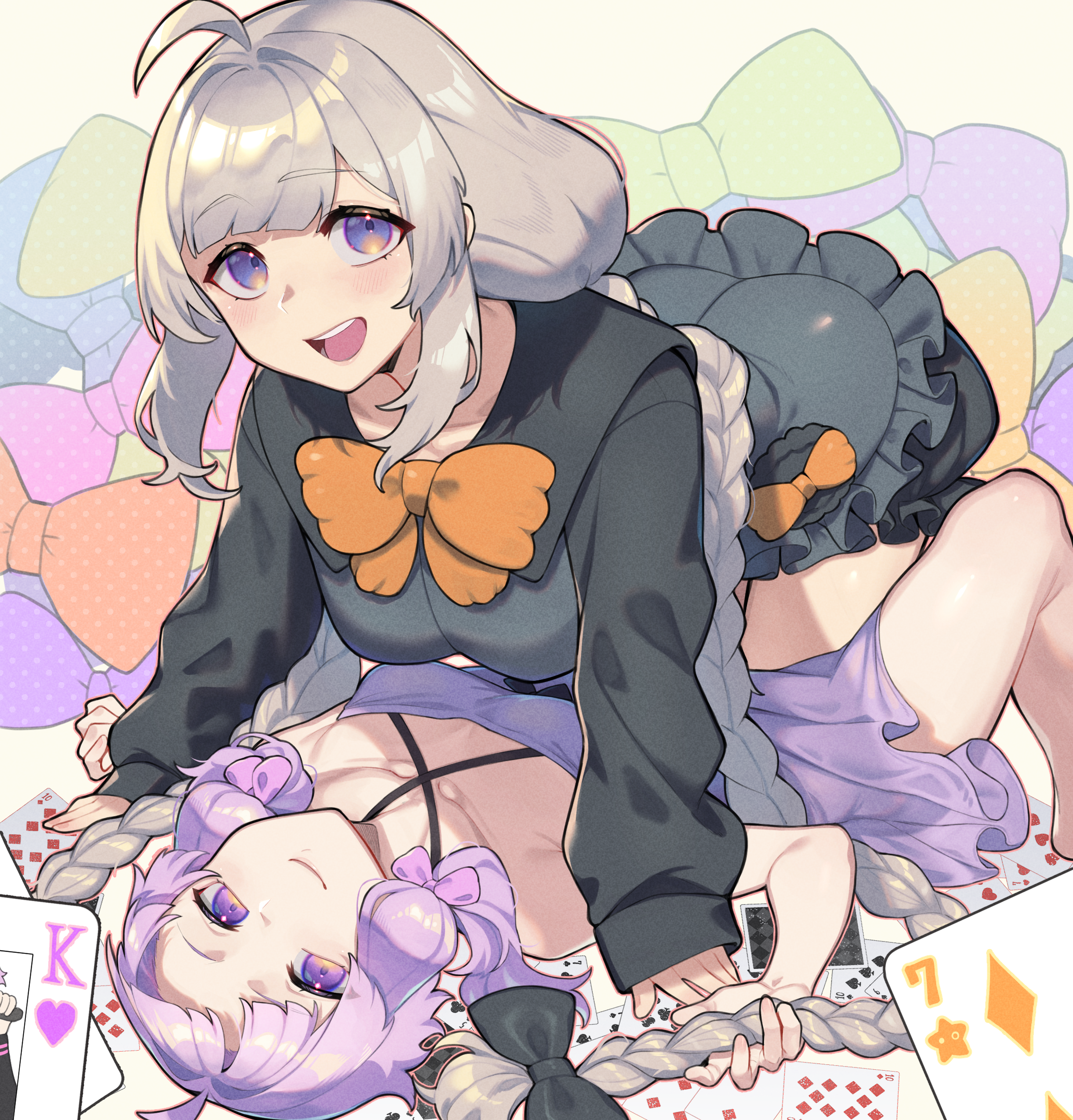 2girls absurdres ace_(playing_card) ace_of_hearts ace_of_spades ahoge all_fours bare_shoulders black_bow black_dress black_shirt bloomers blush bow bowtie braid breasts card club_(shape) collarbone commentary_request criss-cross_halter diamond_(shape) dress frilled_dress frills grey_hair hair_bow halter_dress halterneck heart highres holding holding_card kizuna_akari long_hair long_sleeves looking_at_viewer lying medium_breasts multiple_girls on_back on_person open_mouth orange_bow orange_bowtie pink_bow playing_card purple_bow purple_dress purple_eyes purple_hair shirt short_hair_with_long_locks shorts sidelocks sleeves_past_wrists small_breasts smile spade_(shape) teeth toriniku29 twin_braids underwear upper_teeth_only very_long_hair vocaloid voiceroid yuri yuzuki_yukari