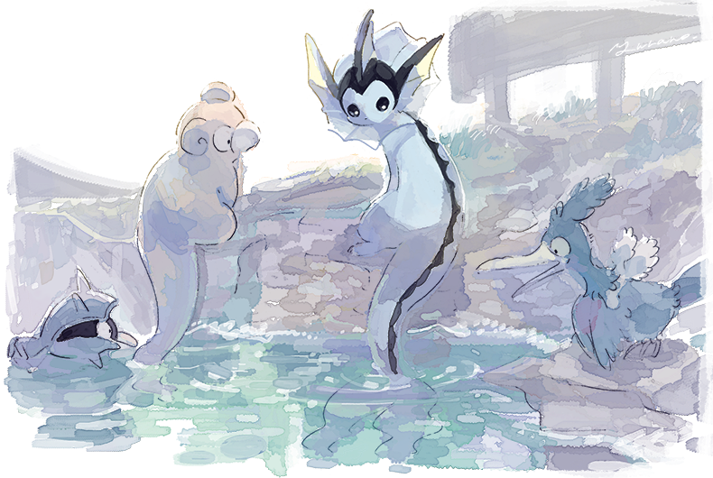 beak cramorant gen_1_pokemon gen_8_pokemon nintendo no_humans outdoors pokemon pokemon_(creature) shellder slowpoke tail vaporeon water yurano_(upao)