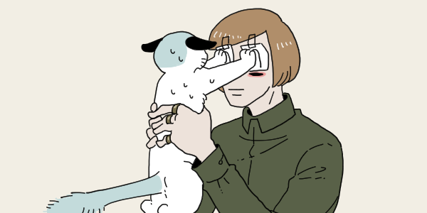 1boy akaiti animal animalization brown_hair cat green_shirt holding holding_animal holding_cat jewelry luther_von_ivory male_focus multiple_rings nyon_(randal&#039;s_friends) randal&#039;s_friends ring shirt short_hair simple_background solo sweat taped_note upper_body yellow_background