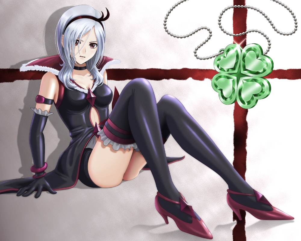 1girl black_gloves black_hairband black_shorts black_thighhighs bracelet breasts choker cleavage collarbone eas_(fresh_precure!) elbow_gloves female_focus fresh_precure! frilled_gloves frilled_thighhighs frills full_body gloves hair_between_eyes hairband higashi_setsuna high_heels jewelry long_hair medium_breasts necklace open_mouth parted_bangs precure pumps red_eyes red_footwear sekken_kasu_barrier short_shorts shorts silver_hair sitting solo thighhighs wavy_mouth