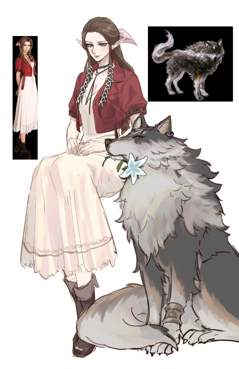 1boy 1girl aerith_gainsborough aerith_gainsborough_(cosplay) animal_earrings blue_flower boots breasts brown_footwear brown_hair choker cleavage cosplay cropped_jacket dress final_fantasy final_fantasy_vii final_fantasy_vii_remake flower flower_choker flower_in_mouth full_body hair_ribbon hands_on_lap in-franchise_crossover jacket kurokawa_karasu link long_dress long_hair medium_breasts nintendo parted_bangs pink_dress pink_ribbon pointy_ears princess_zelda red_jacket ribbon short_sleeves sidelocks silent_princess single_bracer sitting the_legend_of_zelda the_legend_of_zelda:_twilight_princess torgal_(ff16) white_background white_ribbon wolf_link