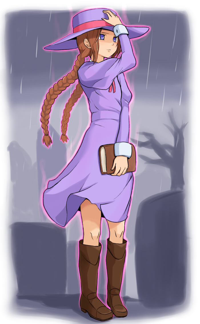 1girl aged_up anita_(darkstalkers) book boots braid brown_boots brown_hair capcom closed_mouth darkstalkers dress female_focus full_body hat long_hair outdoors purple_hat rain solo standing tarayama twin_braids