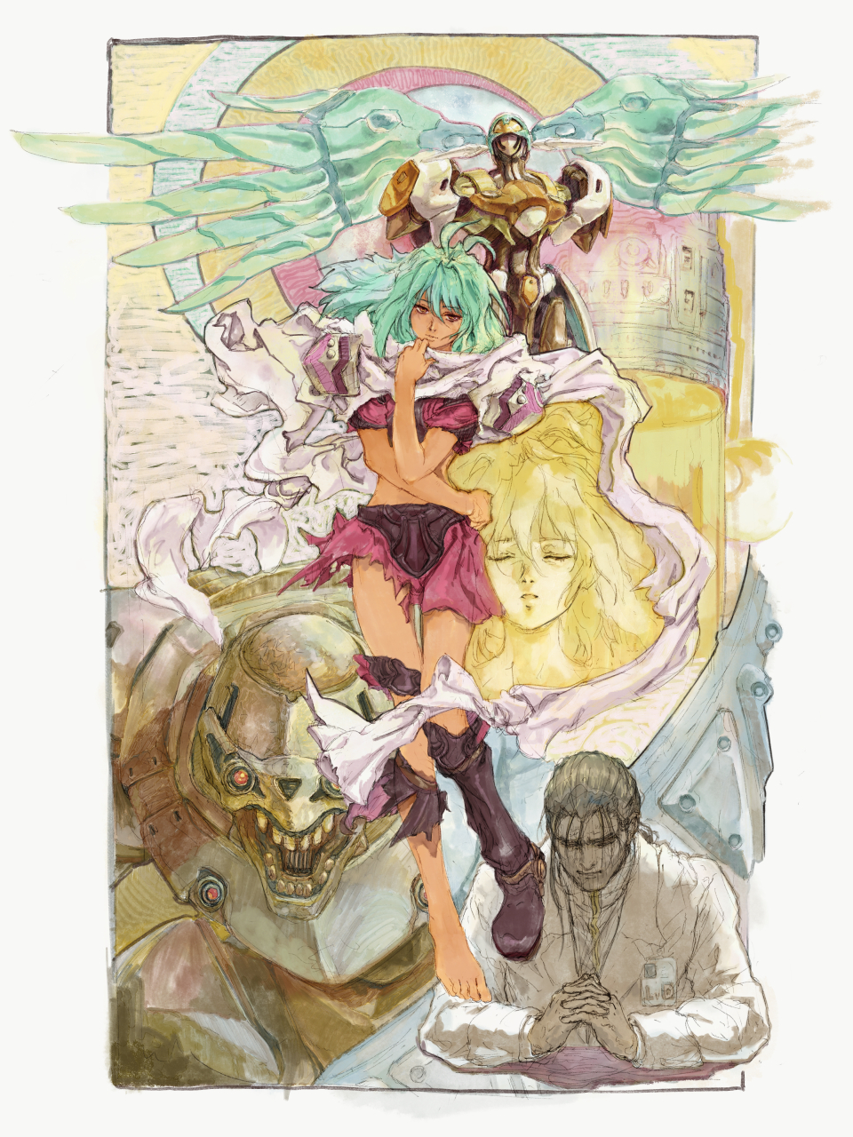 1boy 1girl black_boots boots border character_request commentary_request crescens dark-skinned_female dark_skin emerada_(xenogears) green_hair head_wings highres kosibahara long_hair mecha outside_border robot scarf single_bare_foot white_border white_scarf wings xenogears