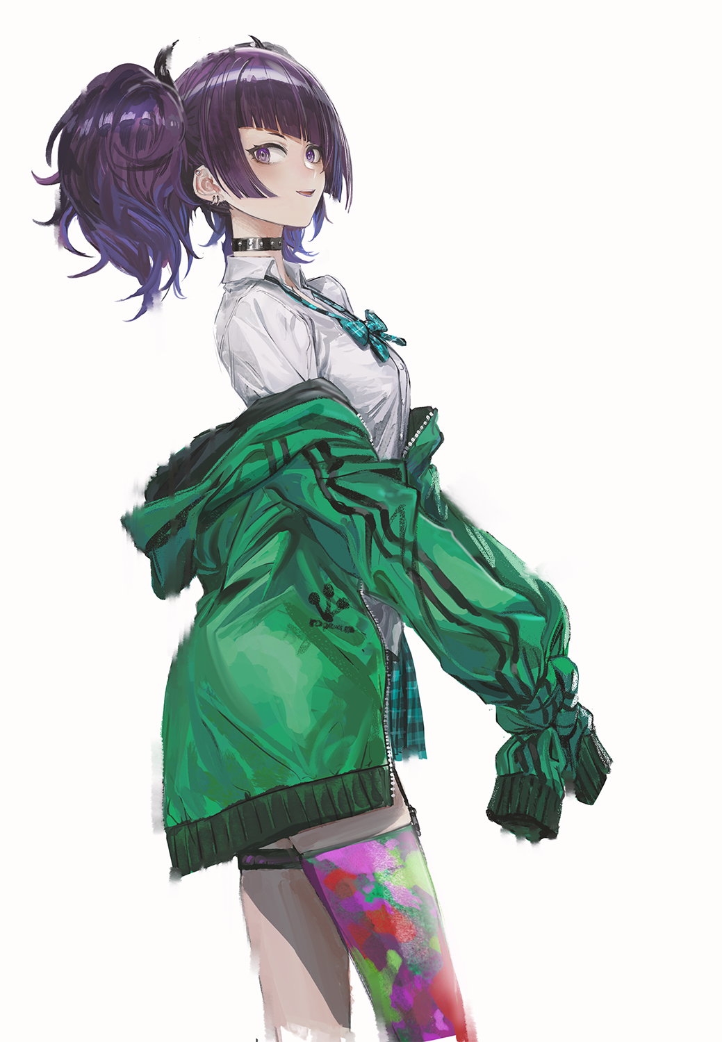1girl chinese_commentary choker commentary_request diagonal_bangs earrings from_side highres idolmaster idolmaster_shiny_colors infukun jacket jacket_partially_removed jewelry long_sleeves looking_at_viewer purple_eyes purple_hair school_uniform short_twintails simple_background sleeves_past_fingers sleeves_past_wrists solo tanaka_mamimi twintails white_background