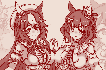 2girls animal_ears aston_machan_(umamusume) bow bowtie breasts brown_theme center_frills closed_mouth commentary_request crown detached_sleeves ear_covers frills hat heart holding_hands horse_ears horse_girl large_breasts long_hair looking_at_viewer lowres monochrome multiple_girls puffy_detached_sleeves puffy_sleeves shiodanx short_hair single_ear_cover smile umamusume upper_body yamanin_zephyr_(umamusume)