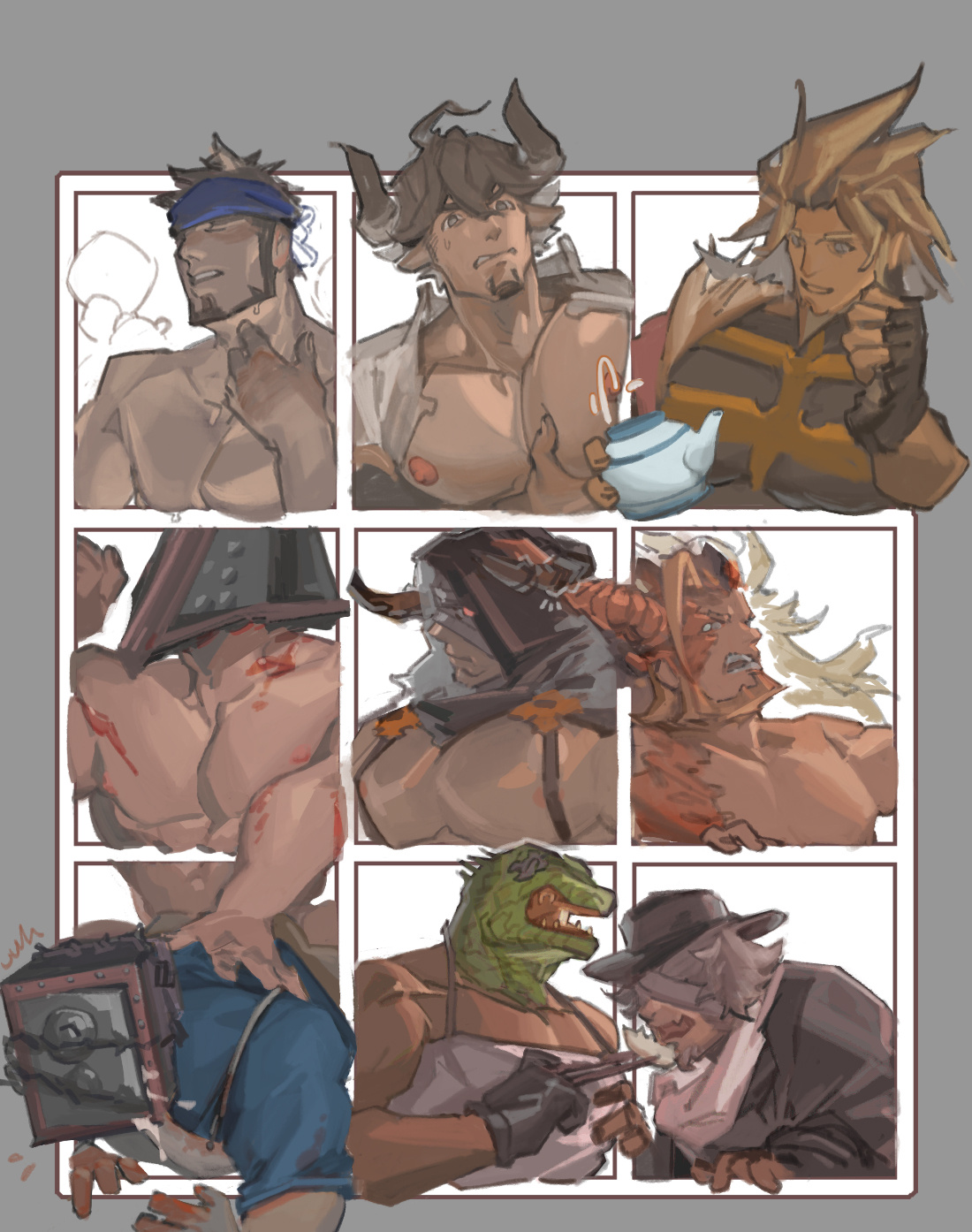 6+boys anal animal_head bara barawa bare_pectorals beard biceps blonde_hair blue_headband caiman_(dorohedoro) character_request copyright_request cow_boy cow_horns cowboy_shot dorohedoro draph facial_hair fedora feeding flexing full_beard goatee grabbing_own_pectoral granblue_fantasy green_scales guilty_gear hat headband highres horns large_pectorals leo_whitefang luboyaqqz male_focus male_lactation male_penetrated mature_male multiple_boys multiple_drawing_challenge muscular muscular_male nipples object_head outside_border pectorals pouring pyramid_head reptile_boy sex short_hair silent_hill_(series) six_fanarts_challenge smile spikes sweat teapot thick_beard thick_eyebrows vaseraga yaoi