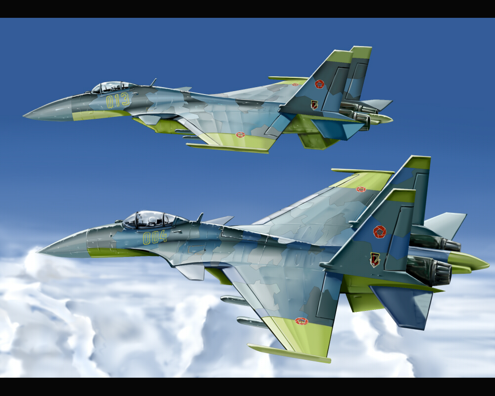 ace_combat ace_combat_04 aircraft airplane artistic_error cloud day emblem fighter_jet flying kcme letterboxed military military_vehicle missile no_humans sky su-37 vehicle_focus weapon yellow_13 yellow_4