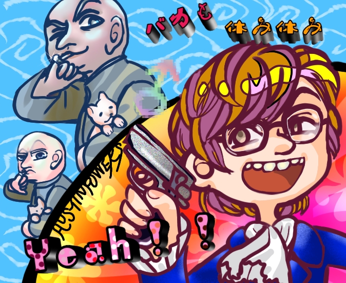 austin_powers austin_powers_(character) bald blue_jacket blue_suit brown_hair car dr._evil formal_clothes glasses grey_suit gun jacket long_teeth mike_myers mini_me_(austin_powers) motor_vehicle smile spy suit teeth warner_bros. weapon
