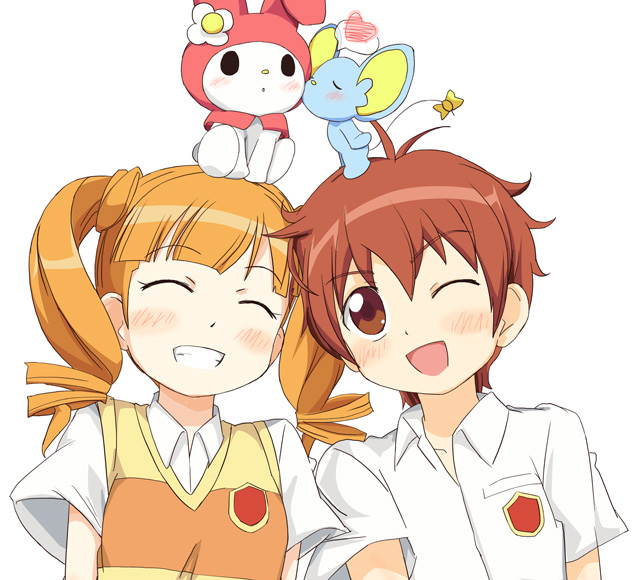 00s 1boy 1girl :d ;d ^_^ blunt_bangs blush closed_eyes creature emblem grin heart hetero ixy kiss kogure_kakeru mr._flat my_melody on_head one_eye_closed onegai_my_melody open_mouth red_eyes red_hair sanrio short_hair smile surprised sweater_vest teeth twintails upper_body wink yumeno_uta
