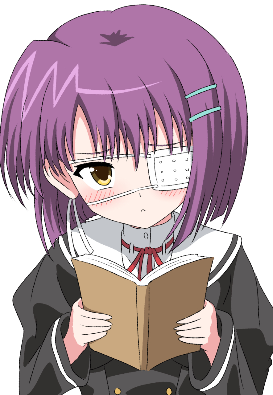 1girl :&lt; black_jacket blunt_ends blush bob_cut book closed_mouth commentary ef_(visual_novel) eyepatch frown furrowed_brow hair_between_eyes hair_ornament hairclip highres holding holding_book jacket long_sleeves looking_at_viewer medium_hair neck_ribbon one_eye_covered open_book purple_hair red_ribbon ribbon sailor_collar school_uniform serafuku shindou_chihiro silky_(silky_illust) simple_background solo upper_body upturned_eyes white_background white_sailor_collar wide_sleeves yellow_eyes