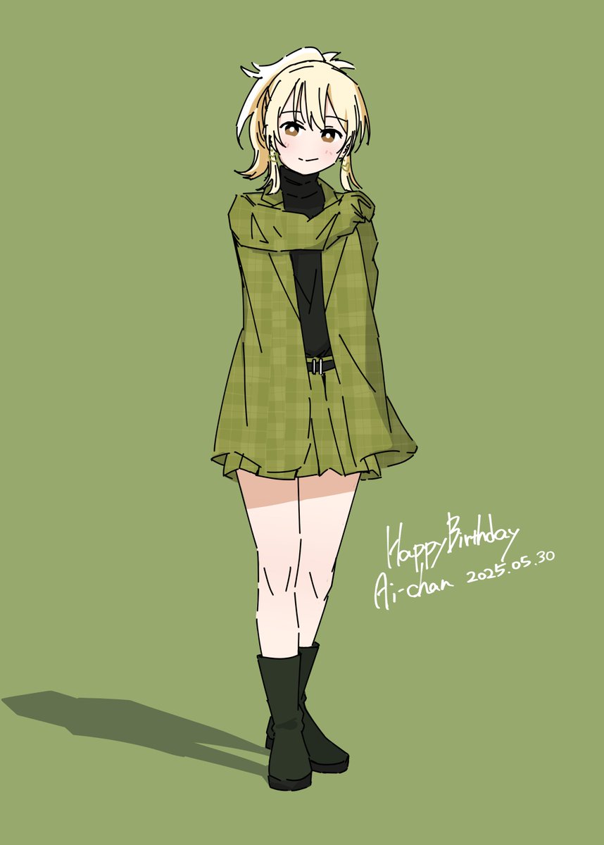 1girl black_sweater boots brown_eyes character_name closed_mouth coat commentary dated full_body green_background green_boots green_coat green_skirt green_theme hand_on_own_shoulder happy_birthday highres long_sleeves love_live! love_live!_nijigasaki_high_school_idol_club medium_hair miniskirt miyashita_ai open_clothes open_coat plaid_clothes plaid_coat plaid_skirt pleated_skirt ponytail shadow sidelocks simple_background skirt smile solo split_mouth standing sweater turtleneck turtleneck_sweater yozora1kawaii