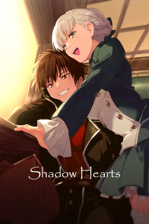 1boy 1girl alice_elliot blue_eyes braid breasts brown_hair copyright_name dress echo_(circa) long_sleeves open_mouth shadow_hearts short_hair skirt smile thighhighs white_hair yuri_hyuga
