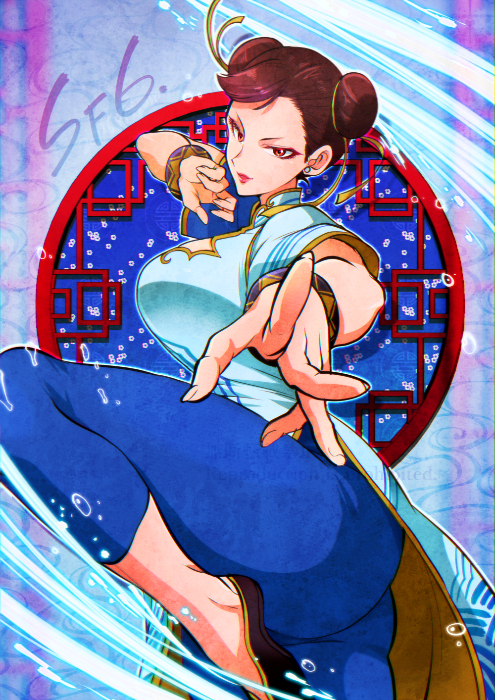 1girl architecture ass black_footwear blue_dress blue_leggings bracelet breasts brown_eyes brown_hair capcom china_dress chinese_clothes chun-li cleavage_cutout clothing_cutout double_bun dress earrings east_asian_architecture eyeliner fighting_stance fingernails flats hair_bun hair_ribbon highres huge_ass jewelry large_breasts leggings looking_at_viewer makeup marimo_(yousei_ranbu) mature_female pelvic_curtain pink_lips ribbon short_hair solo standing standing_on_one_leg street_fighter street_fighter_6 stud_earrings thick_thighs thighs wide-eyed