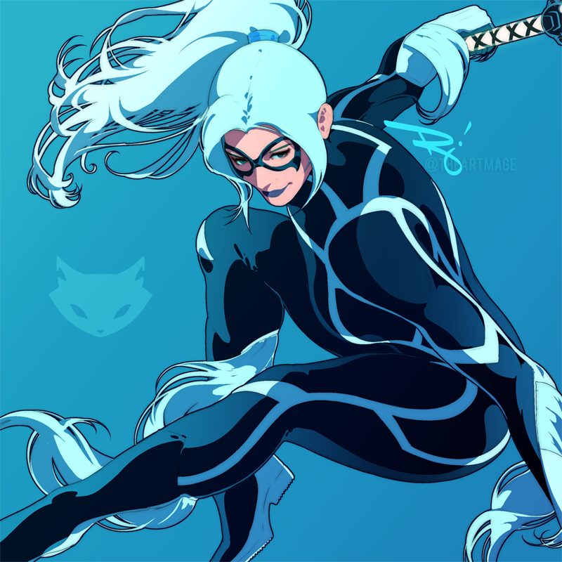 1girl black_cat black_cat_(marvel) blue_background breasts cat felicia_hardy large_breasts leather legs lipstick makeup marvel mask smile spiderman_(series) the_art_mage white_hair