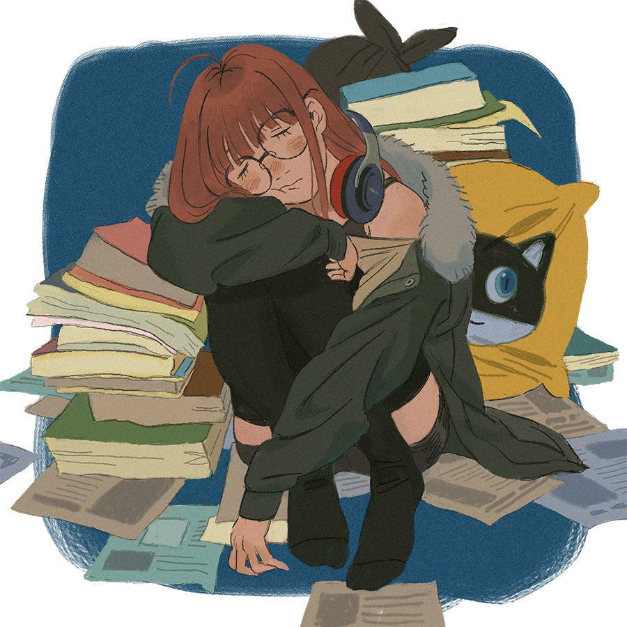 1girl ahoge amber389 behind-the-head_headphones black-framed_eyewear black_thighhighs blunt_bangs blush book book_stack border cat chinese_commentary closed_eyes closed_mouth commentary_request full_body fur-trimmed_jacket fur_trim glasses green_jacket head_rest head_tilt headphones headphones_around_neck jacket knees_up long_hair long_sleeves morgana_(persona_5) no_shoes off_shoulder orange_hair paper persona persona_5 sakura_futaba shirt shorts sitting sleeping thighhighs white_border