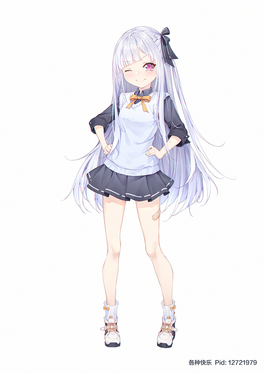1girl aged_down ak-12_(girls&#039;_frontline) bandaid bandaid_on_leg braid breasts collared_shirt commission ge_zhong_kuaile girls&#039;_frontline hair_ribbon highres long_hair one_eye_closed pink_eyes pixiv_commission pleated_skirt ribbon shirt sidelocks silver_hair skirt small_breasts smile solo very_long_hair vest