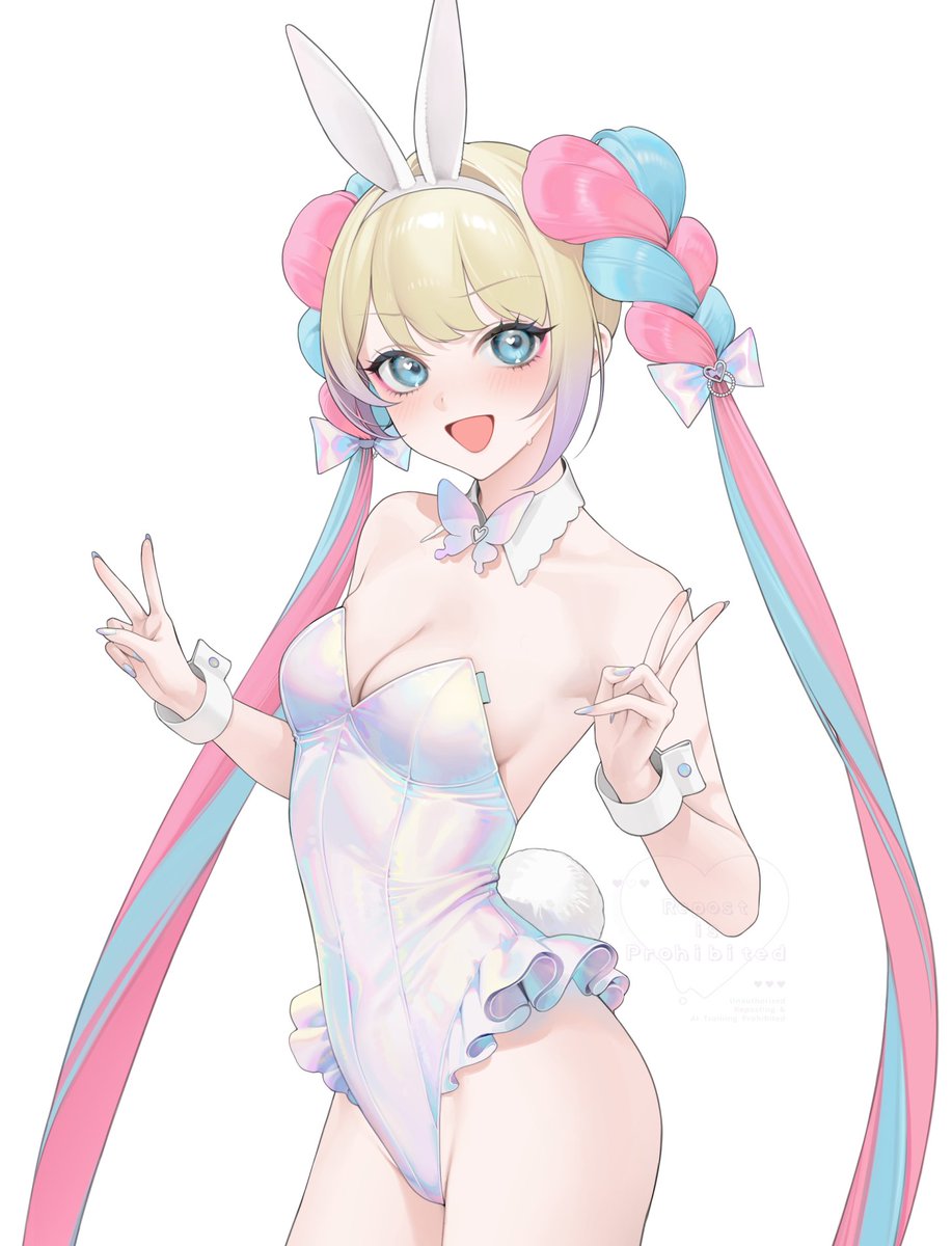 1girl :d animal_ears bare_shoulders blonde_hair blue_eyes blue_hair blush bow braid breasts chouzetsusaikawa_tenshi-chan covered_navel cowboy_shot detached_collar double_v fake_animal_ears frilled_leotard frills hair_bow hairband hands_up highleg highleg_leotard highres holographic_clothing leotard long_hair looking_at_viewer medium_breasts multicolored_hair nail_polish needy_girl_overdose official_alternate_costume ohisashiburi open_mouth pink_hair playboy_bunny rabbit_ears rabbit_tail simple_background smile solo strapless strapless_leotard tail twin_braids twintails v very_long_hair white_background white_hairband wrist_cuffs