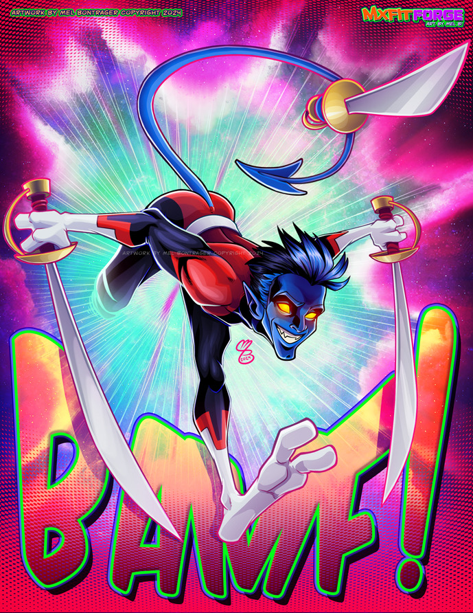 1boy black_bodysuit blue_hair blue_skin bodysuit colored_skin commentary demon_tail dual_wielding english_commentary gloves holding holding_sword holding_weapon kurt_wagner male_focus marvel mx_fitforge nightcrawler red_bodysuit smile solo superhero_costume sword tail teeth two-tone_bodysuit weapon x-men x-men:_the_animated_series yellow_eyes