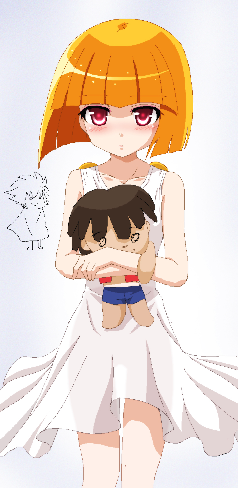 10s 1boy 1girl artist_request blonde_hair cape chibi doll dress happy highres jewelry pallas pink_eyes purple_eyes saint_seiya saint_seiya_omega smile titan_(saint_seiya_omega)