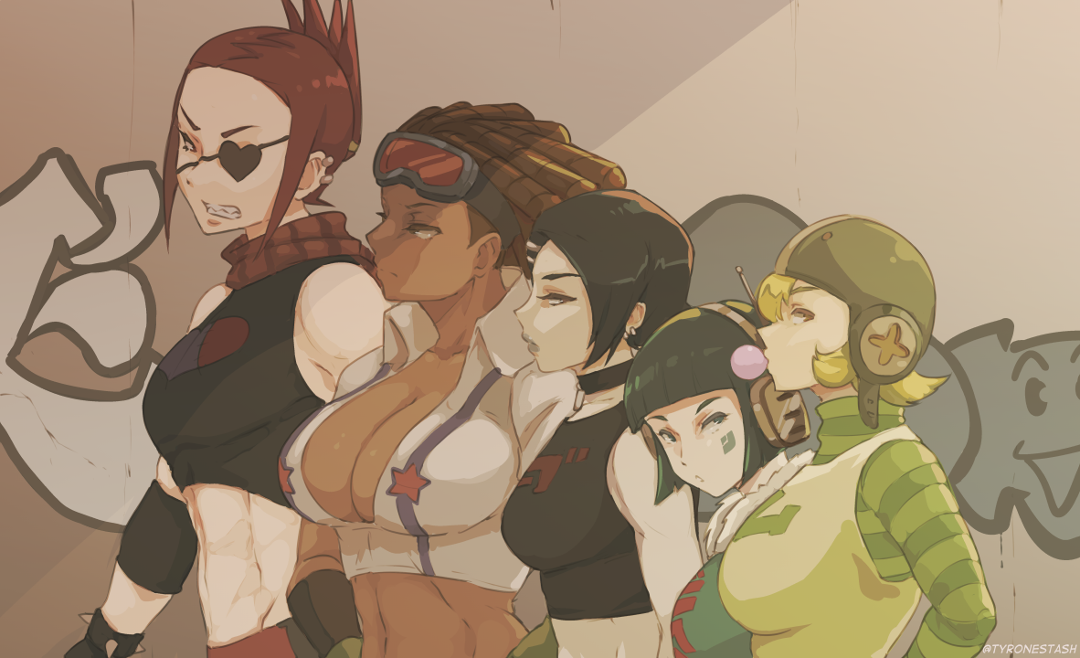 5girls bis_(jsr) black_hair blonde_hair blowing_bubble_gum blowing_bubbles breasts brown_hair chewing_gum cleavage clenched_teeth cube_(jsr) dark-skinned_female dark_skin eyepatch fur_collar goggles goggles_on_head graffiti gum_(jsr) headphones jet_set_radio large_breasts love_shockers medium_breasts midriff multiple_girls navel piranha_(jsr) red_hair sega short_hair teeth tyrone y2k_fashion