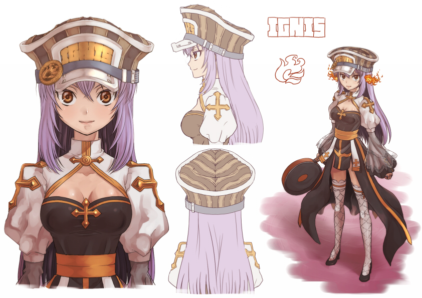 1girl arch_bishop_(ragnarok_online) black_dress black_footwear body_blush breasts brown_eyes brown_headwear character_name cleavage closed_mouth commentary_request cross-laced_clothes cross-laced_legwear dress fire frilled_sleeves frills full_body hair_between_eyes high_heels holding long_hair looking_at_viewer looking_to_the_side medium_breasts multiple_views pelvic_curtain purple_hair ragnarok_online simple_background standing susukinohukurou thighhighs upper_body white_background white_thighhighs