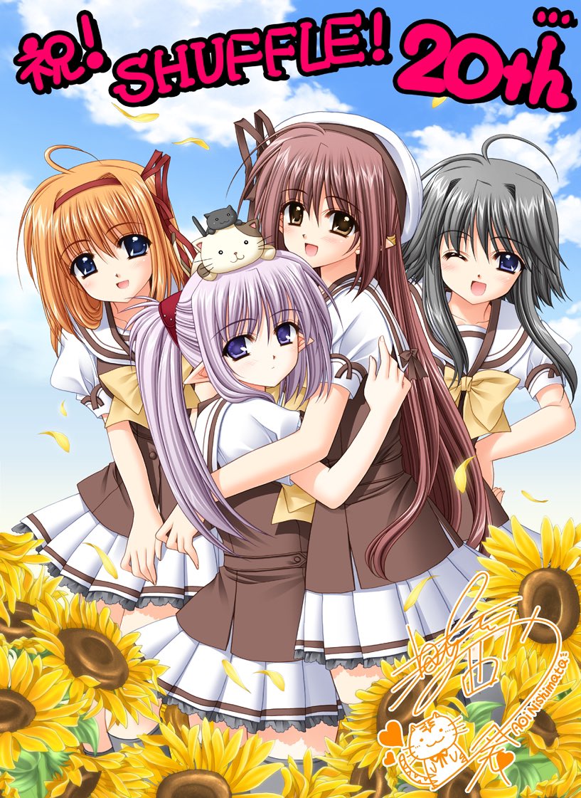 animal animal_on_head anna_miller blue_eyes blue_sky bow brown_eyes brown_hair brown_shirt cat cat_on_head cloud commentary_request day flower fuyou_kaede grey_hair hair_ribbon hat lisianthus long_hair mayumi_thyme national_verbena_academy_school_uniform nishimata_aoi official_art on_head one_eye_closed orange_hair outdoors pointy_ears primula puffy_short_sleeves puffy_sleeves ribbon sailor_hat school_uniform shirt short_hair_with_long_locks short_sleeves shuffle! sidelocks signature skirt sky sunflower waitress white_headwear white_skirt yellow_bow