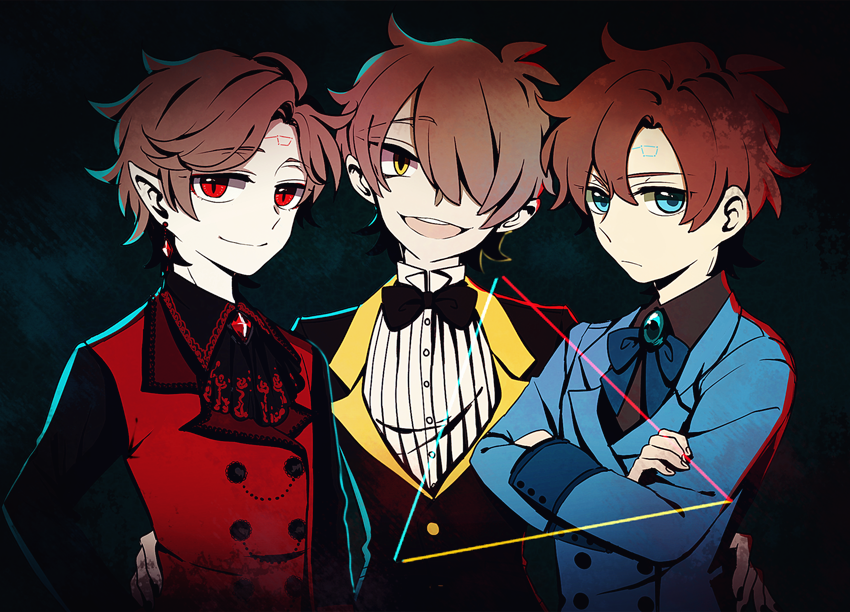 3boys akikurokawa ascot black_ascot black_background black_bow black_bowtie black_shirt blue_bow blue_bowtie blue_eyes blue_jacket bow bowtie brooch brown_hair buttons closed_mouth collared_shirt constellation crossed_arms demon_boy dipper_gleeful dipper_pines double-breasted dress_shirt earrings frown gem gravity_falls hair_over_one_eye hand_on_another&#039;s_hip jacket jewelry lapels long_sleeves male_focus multiple_boys multiple_persona one_eye_covered open_mouth outstretched_arms pointy_ears red_eyes red_gemstone red_vest reverse_falls_(gravity_falls) shirt short_hair smile swept_bangs traditional_bowtie triangle upper_body vest white_shirt wing_collar yellow_eyes