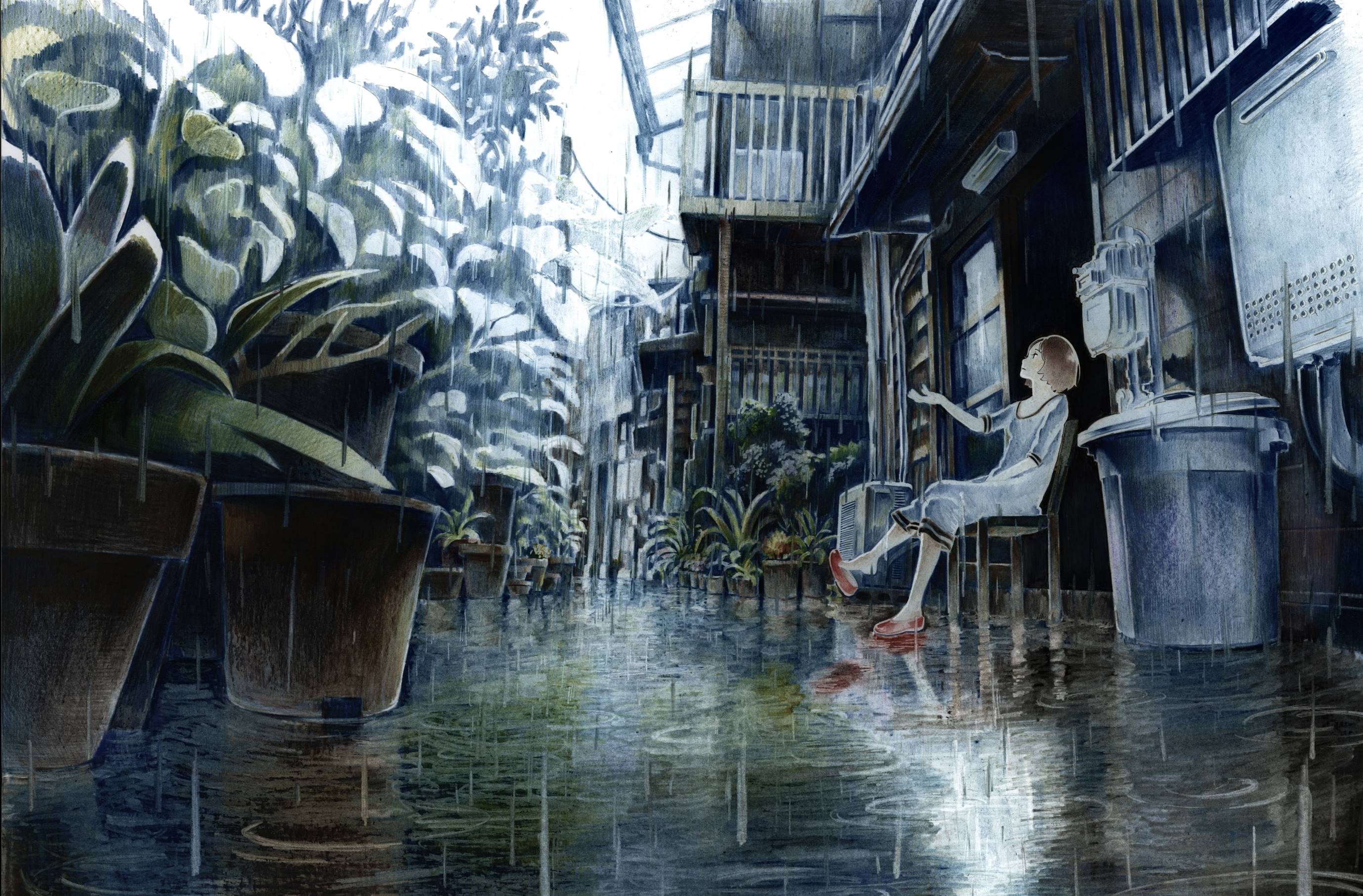 1girl air_conditioner architecture brown_hair chair colored_pencil_(medium) dress east_asian_architecture flower highres house looking_up millipen_(medium) muted_color nekojarashi_(yuuga) original outdoors outstretched_hand pen_(medium) plant potted_plant profile railing rain ripples scenery short_hair sitting slice_of_life slippers solo traditional_media trash_can water