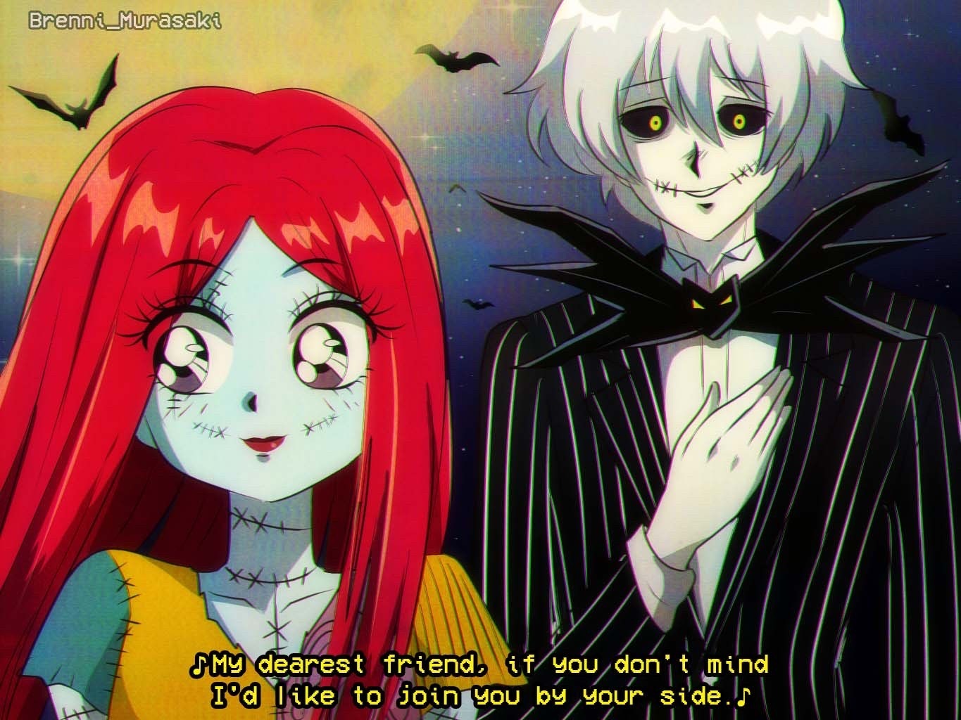 1boy 1girl brenni_murasaki colored_skin dress formal_clothes humanization jack_skellington jacket long_hair long_sleeves open_mouth patchwork_skin pinstripe_pattern red_hair sally_(nbc) simple_background skeleton smile stitched_face stitches striped_clothes suit the_nightmare_before_christmas
