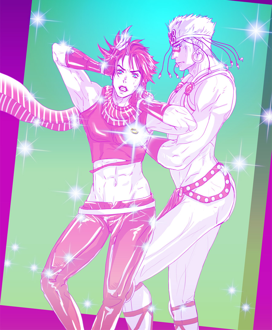 2boys abs blue_eyes fabulous facial_tattoo fingerless_gloves gloves groin jewelry jojo_no_kimyou_na_bouken joseph_joestar male_focus midriff multiple_boys ring scarf shiny_clothes sparkle spoilers tattoo wamuu wedding_band wedding_ring yohsoro