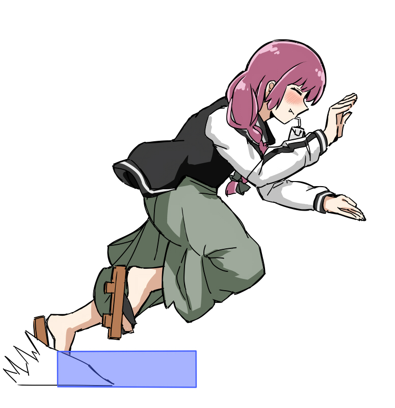 1girl black_bow black_jacket blush bocchi_the_rock! bow braid closed_eyes dashing dress drinking_straw fang fighting_game geta green_dress hair_over_shoulder hiroi_kikuri hitbox hokuto_no_ken jacket multicolored_jacket purple_hair simple_background single_braid solo toki_(hokuto_no_ken) torako_(toramaru) two-tone_jacket white_background white_jacket