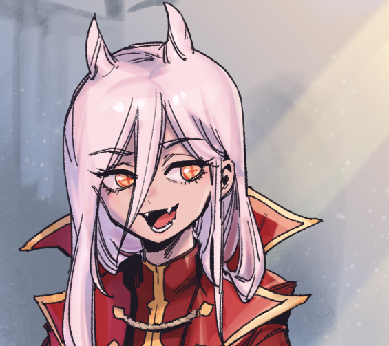 1girl :d cape chainsaw_man cosplay fangs gradient_background hair_between_eyes horns jacket league_of_legends long_hair open_mouth orange_eyes phantom_ix_row portrait power_(chainsaw_man) red_cape red_jacket smile solo teeth tongue vladimir_(league_of_legends) vladimir_(league_of_legends)_(cosplay) white_hair