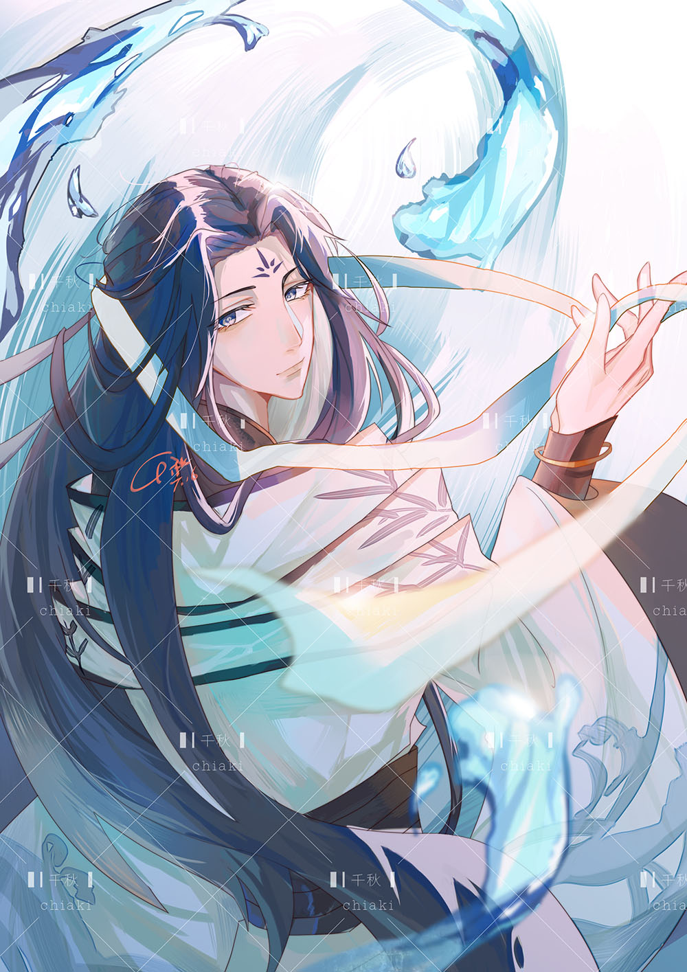1boy bamboo_print black_hair black_sash black_shirt blue_eyes bracelet chinese_clothes chuyi_flower_cake_(the_tale_of_food) closed_mouth curtained_hair facial_mark forehead_mark from_behind hand_up hanfu highres holding hydrokinesis jewelry long_hair long_sleeves looking_at_viewer looking_back male_focus no_blindfold parted_bangs robe sash shirt sidelocks signature smile solo the_tale_of_food unworn_blindfold upper_body water watermark white_robe wide_sleeves y2swan