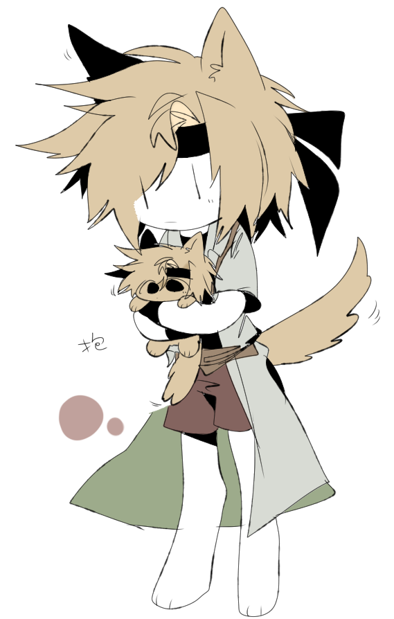 1other animal_ears animalization barefoot black_headband black_shirt brown_shorts closed_mouth coat colored_skin commentary dog dog_ears dog_tail english_commentary full_body grey_coat headband kemonomimi_mode kurohebi len&#039;en light_brown_hair ling_s no_nose open_clothes open_coat other_focus shirt short_hair short_sleeves shorts simple_background tail translation_request white_background white_skin